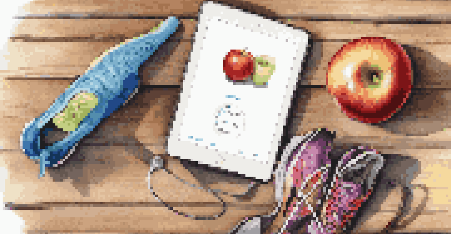 An overhead view of a fitness tracker with a water bottle and healthy snacks on a wooden table.