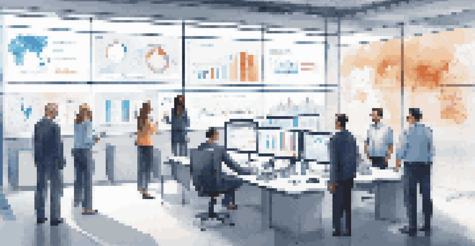 A group of supply chain managers in a modern office discussing data analytics displayed on a large screen, featuring graphs and statistics.