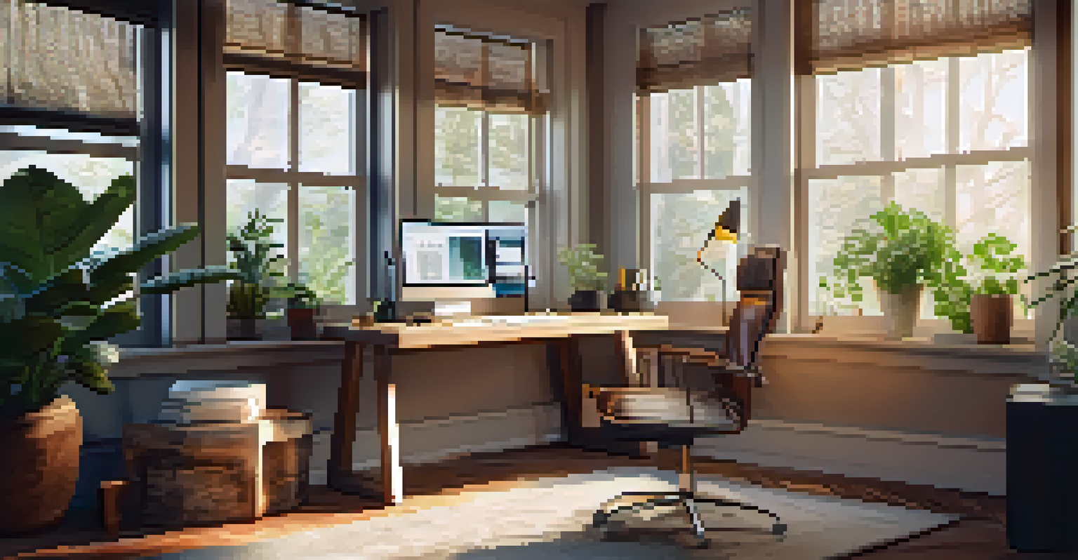 A cozy home office with a computer and plants, illuminated by natural light.