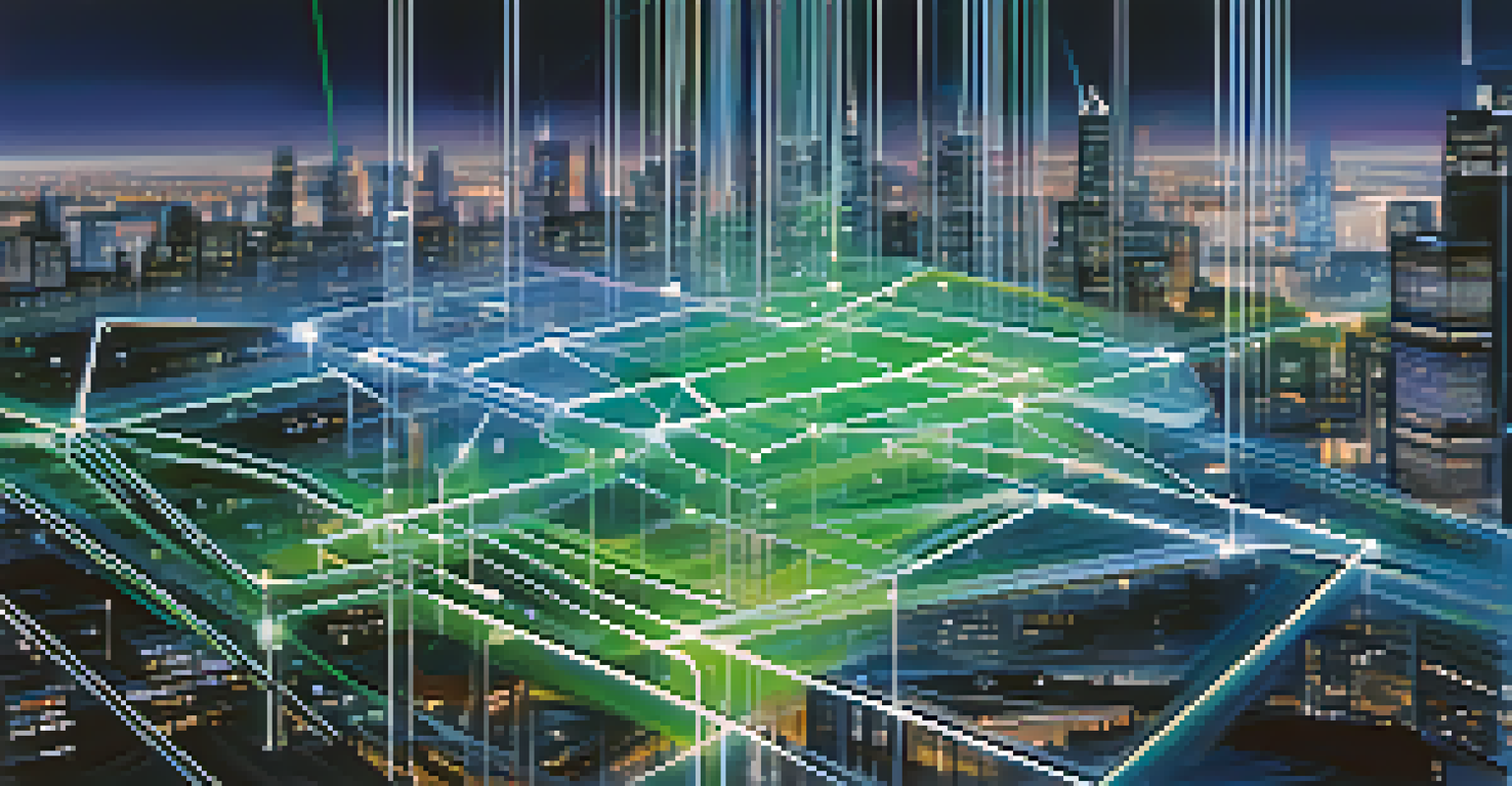 An abstract depiction of 5G technology with interconnected nodes against a city skyline.