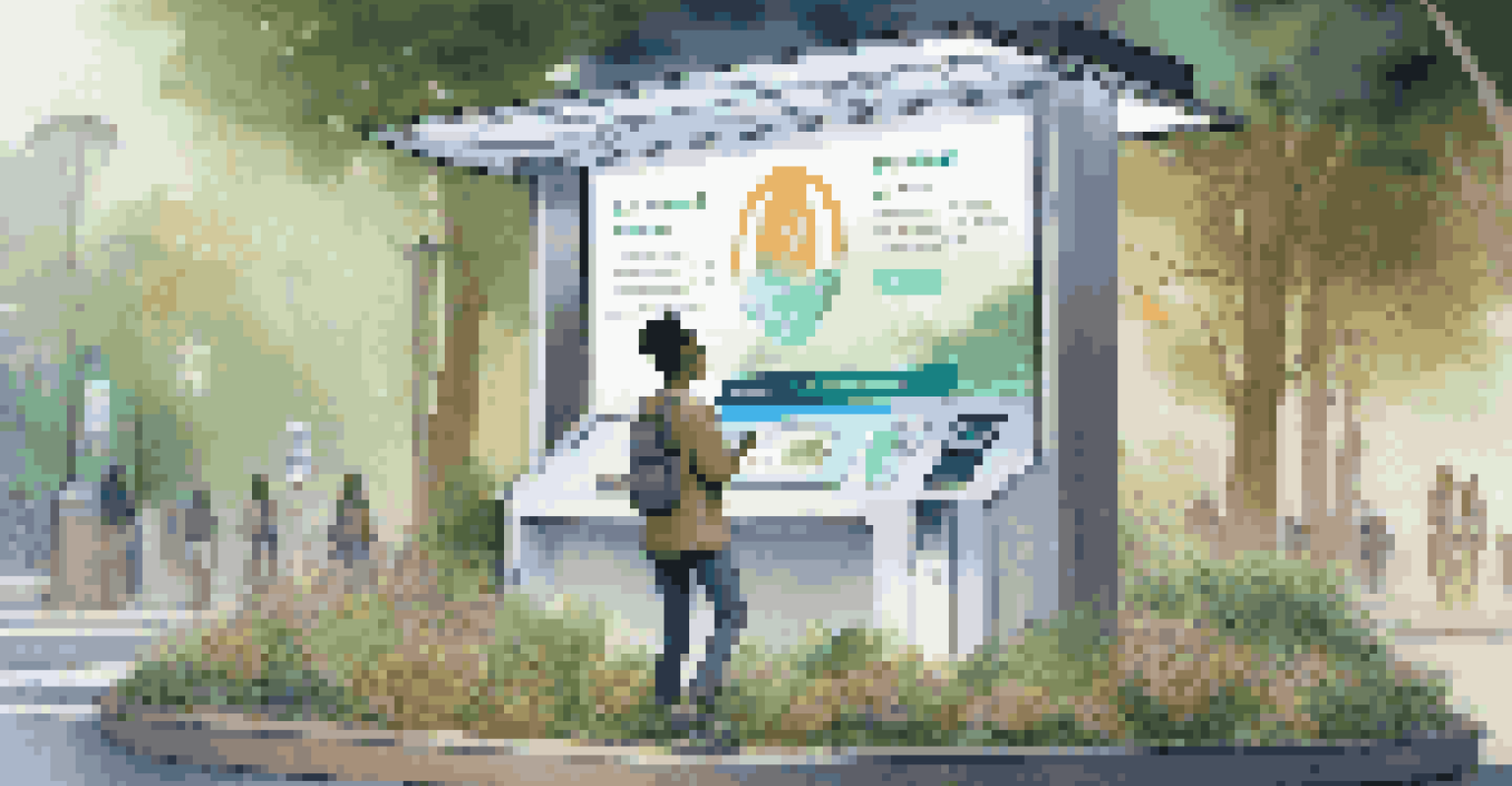 A digital identity verification kiosk in a public space, with a user engaging with the interface, surrounded by greenery.
