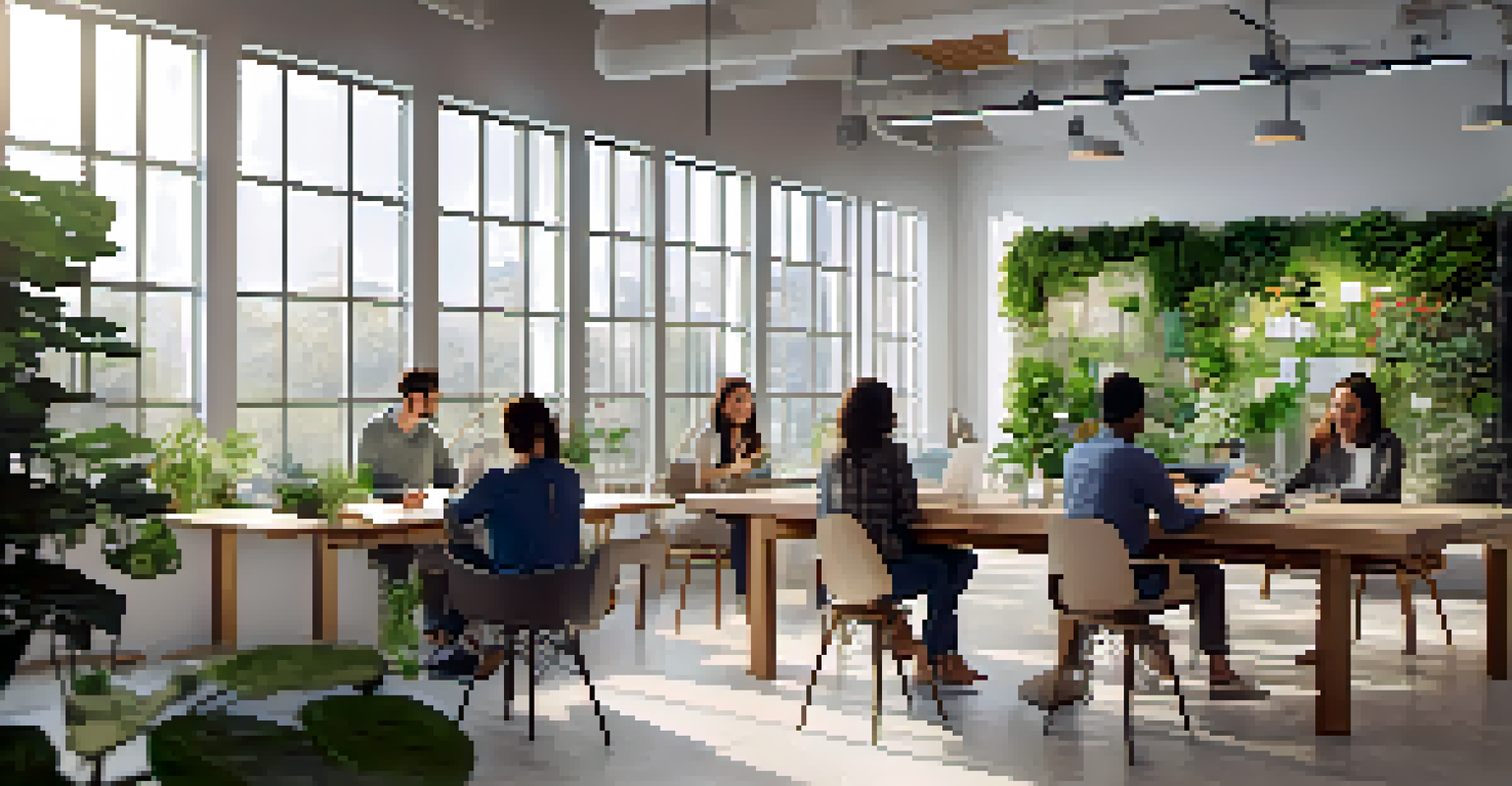 An eco-friendly workspace with a living plant wall and recycled furniture, where a team is brainstorming with reusable items on the table.