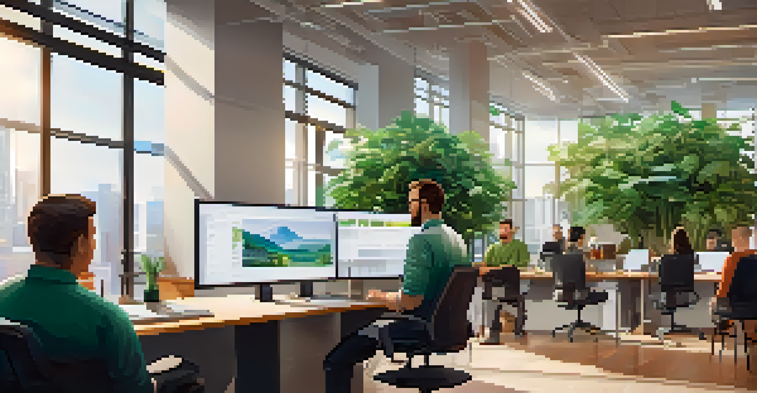 A modern office with a team collaborating in front of a screen showing observability tools, bright and lively atmosphere.