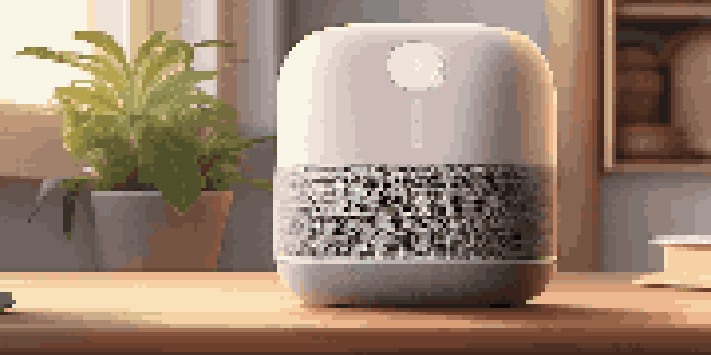 A modern smart speaker is placed on a wooden table in a cozy living room, illuminated by soft morning light.