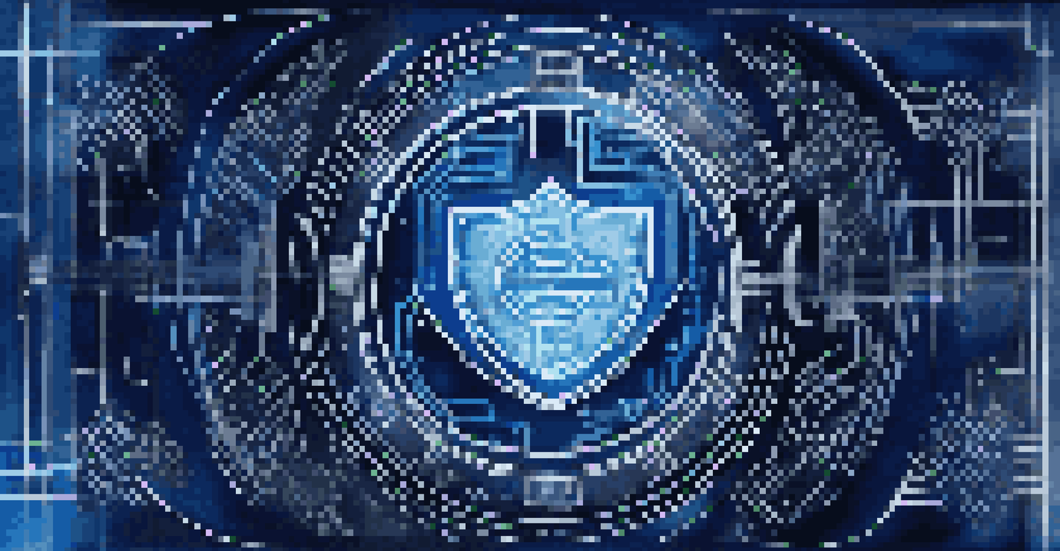 An abstract representation of digital security with a glowing shield and circuit patterns against a navy blue background.