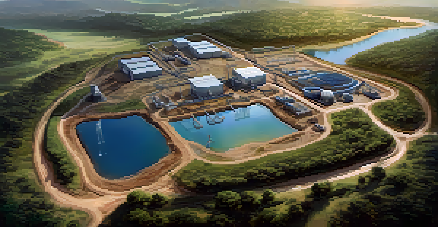 Aerial view of a mining operation with advanced water management systems, surrounded by greenery and wildlife.