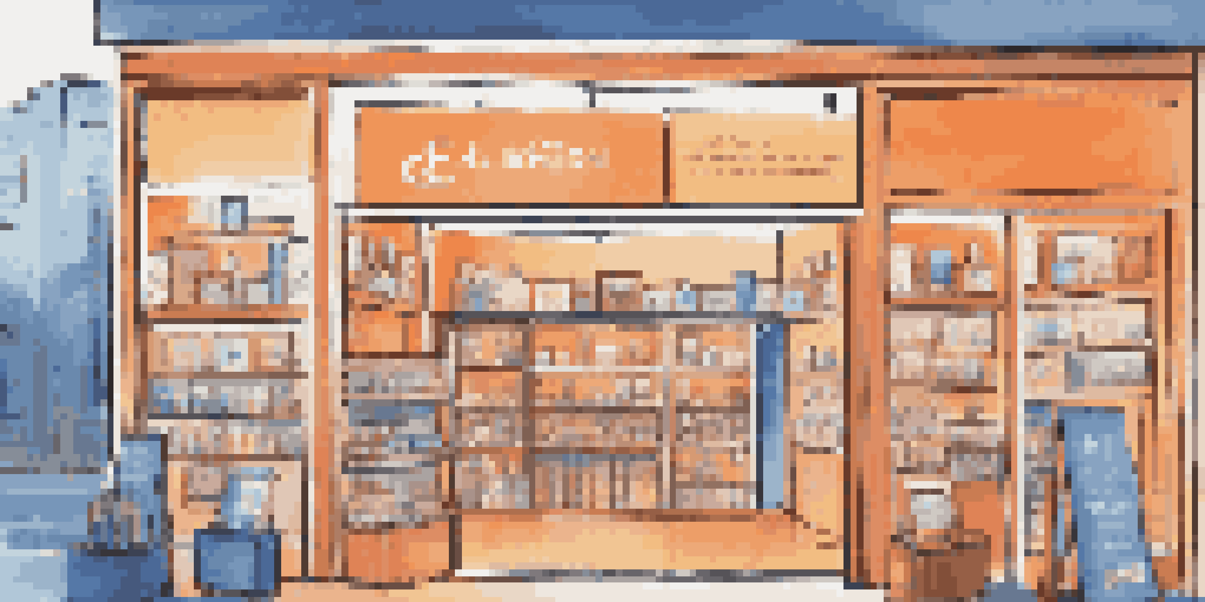 A bustling digital marketplace featuring e-books, online courses, and music albums displayed on colorful stands with a modern storefront in the background.