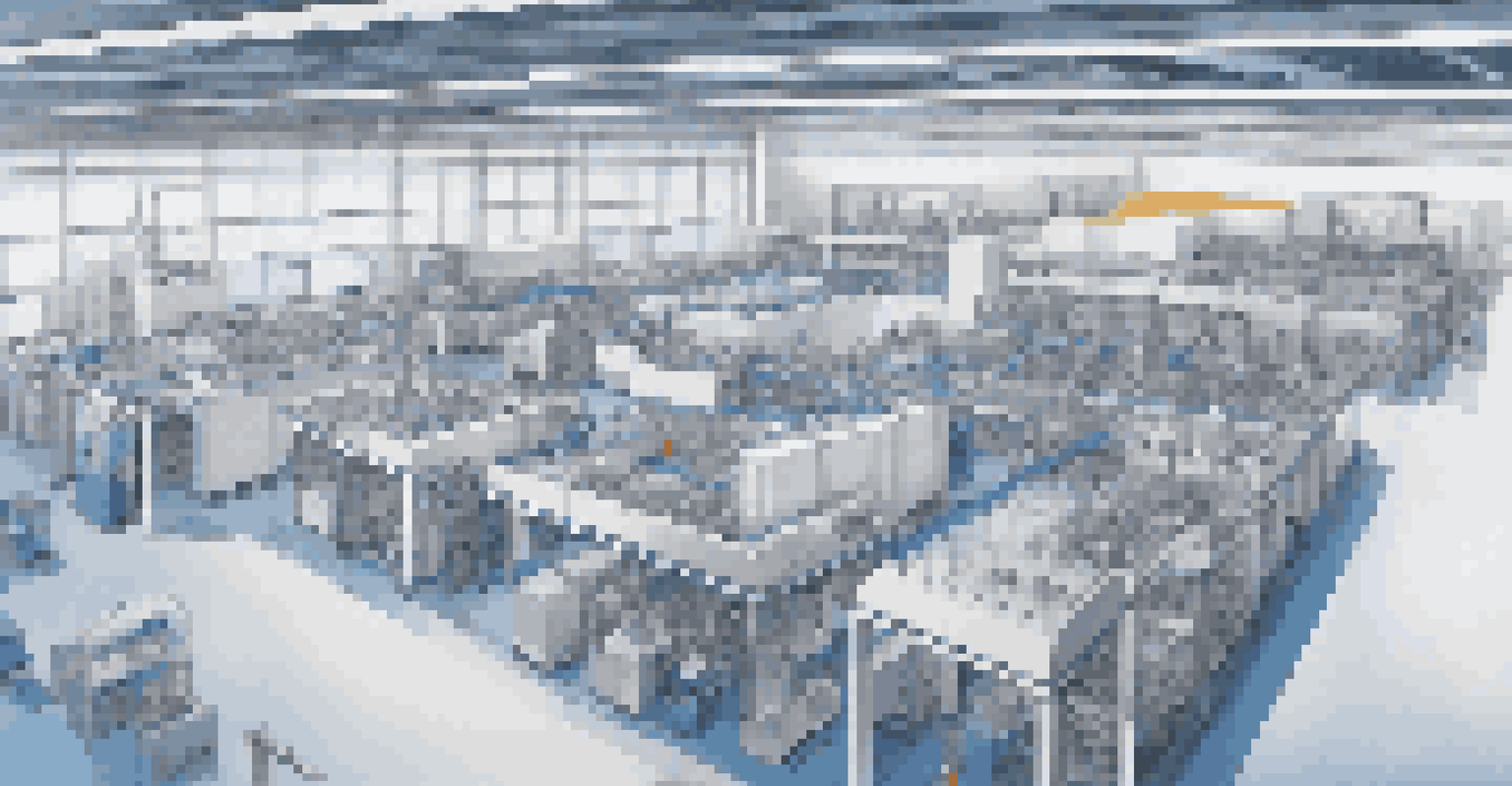 An aerial view of a busy 3D printing facility with multiple printers and employees monitoring the process.