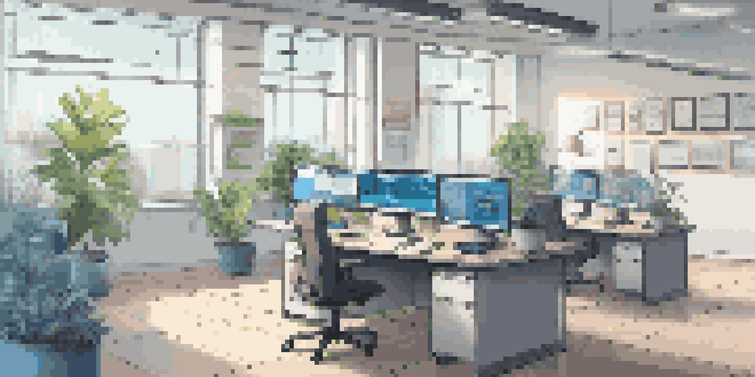 A modern office workspace with multiple monitors showing digital security software, a potted plant, and motivational posters on the wall.