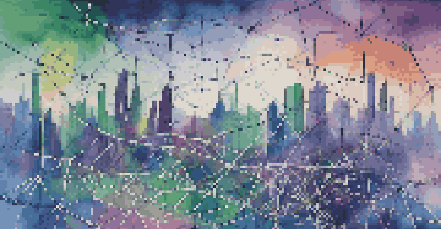 An abstract image of a decentralized network with colorful nodes and a futuristic city skyline in the background.