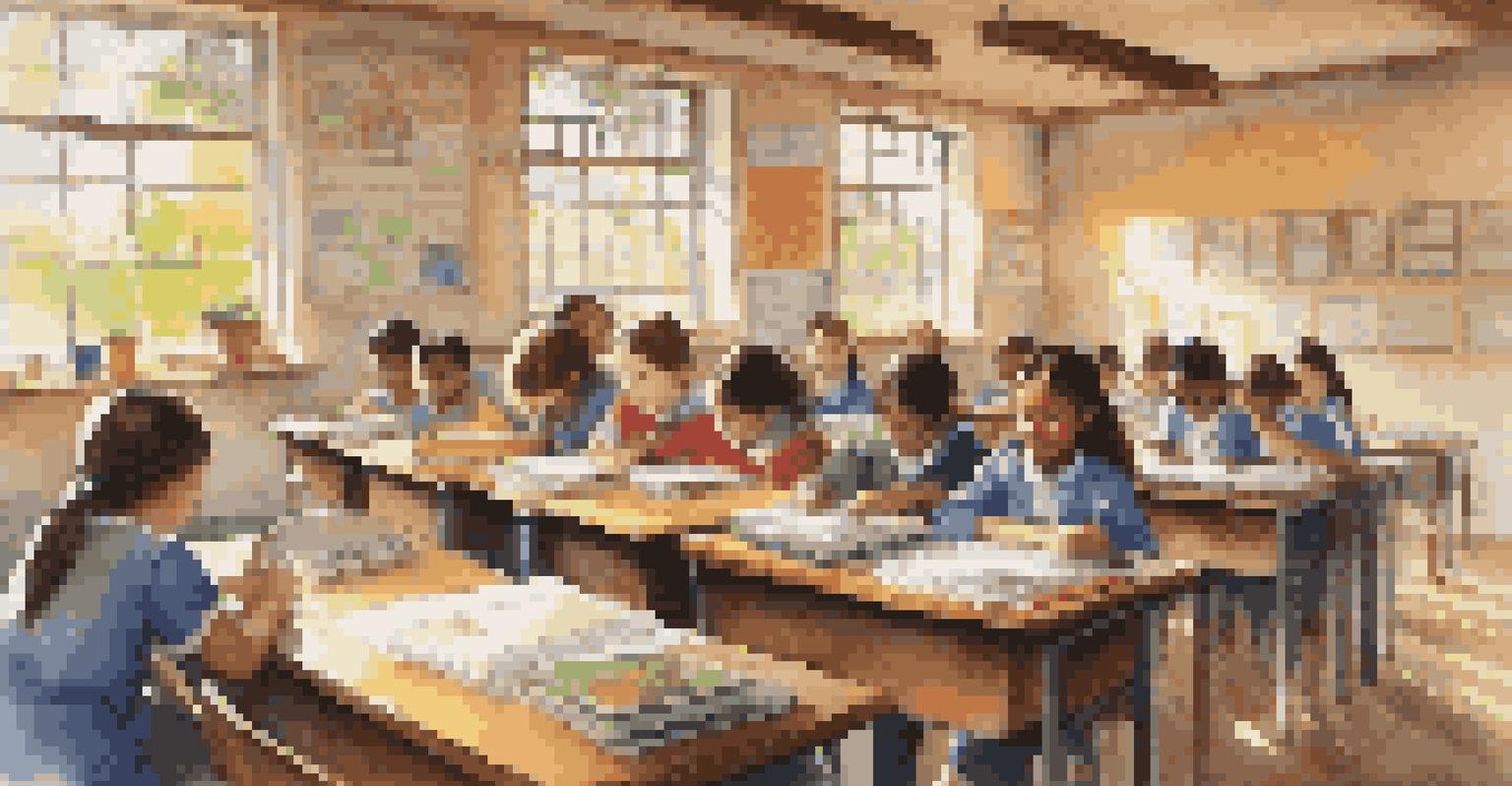A rural classroom with a teacher helping students using laptops, filled with colorful educational materials and sunlight.