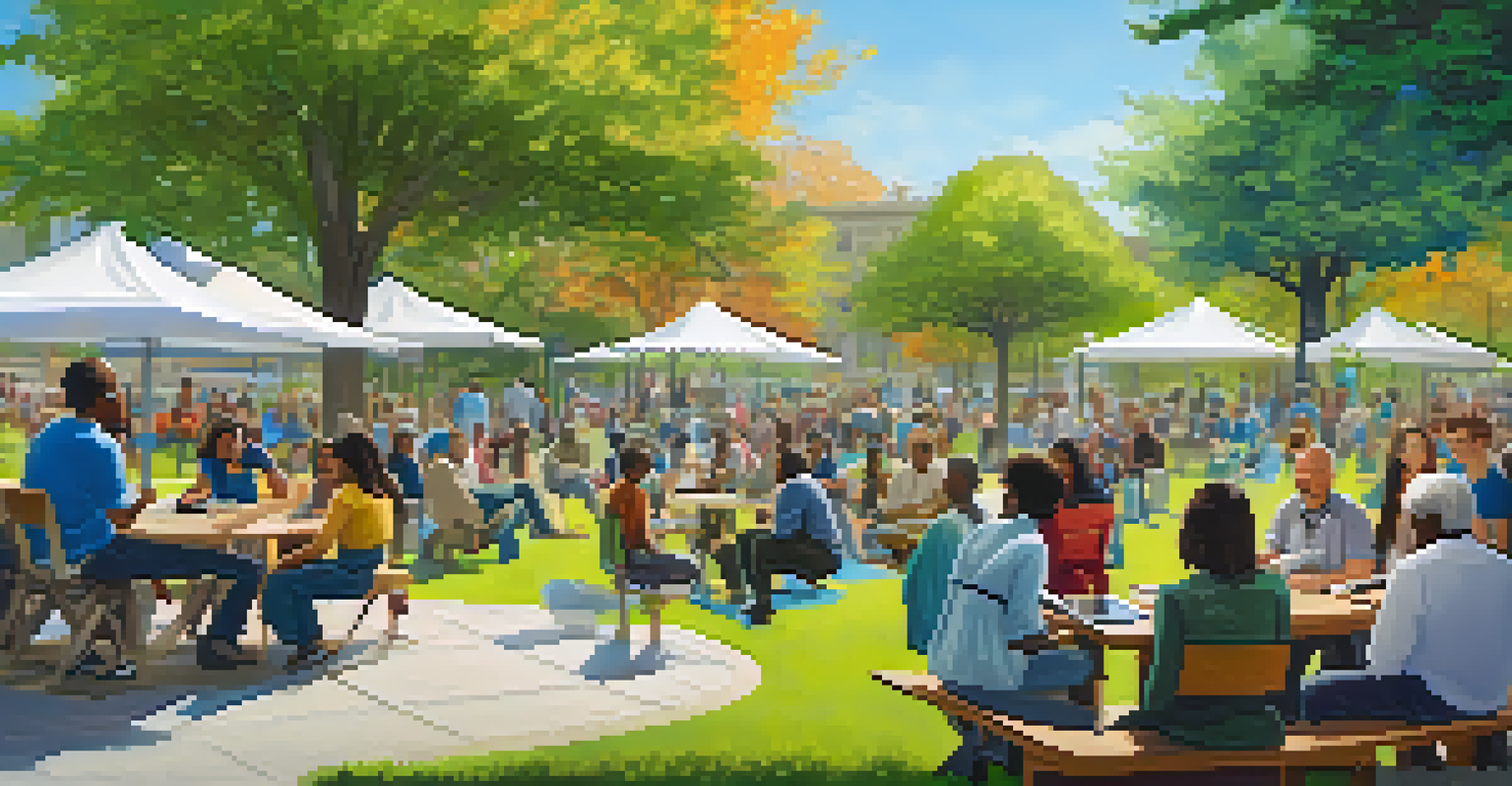 Diverse citizens participating in a community meeting in a park, discussing urban planning with tablets.