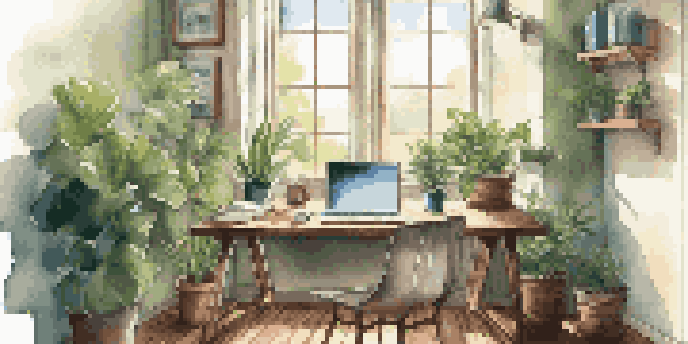 A contemporary workspace with a laptop, plants, and sunlight streaming through a window.
