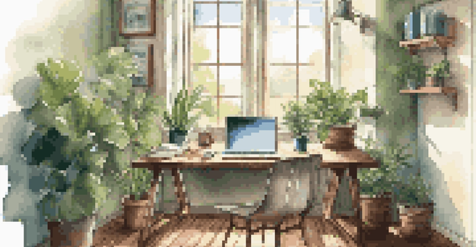 A contemporary workspace with a laptop, plants, and sunlight streaming through a window.