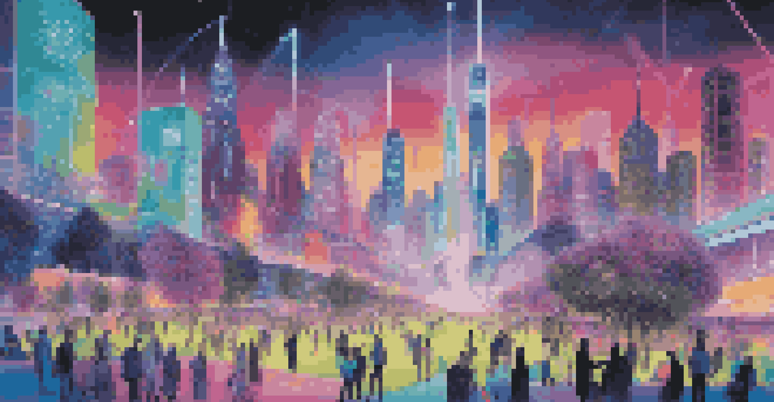 A futuristic cityscape with neon lights and holographic displays, where diverse people engage with technology in a park, symbolizing digital transformation.