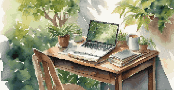 A wooden desk in a green outdoor setting with a laptop, notepad, and coffee cup, under soft sunlight.