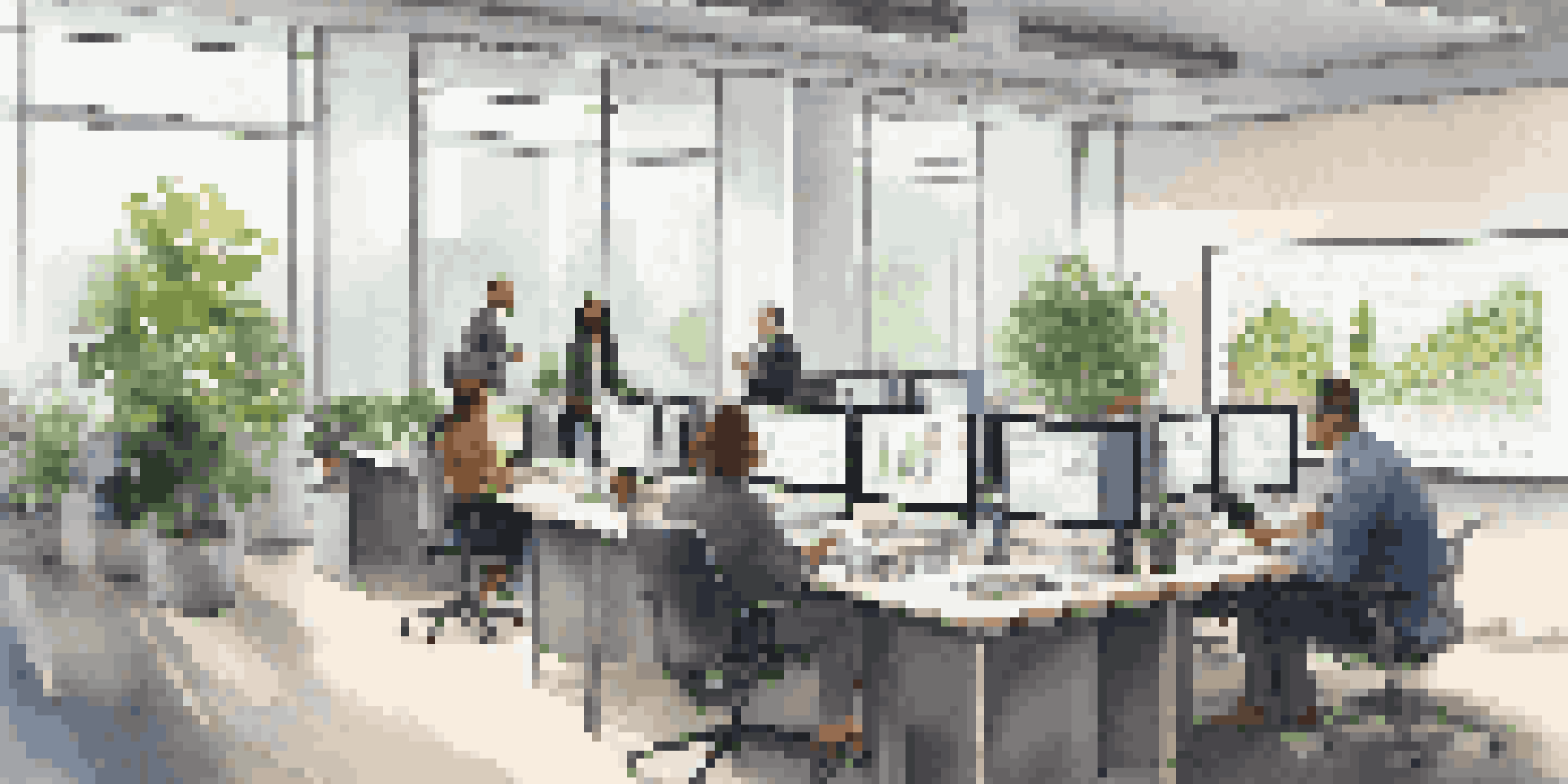 A diverse group of professionals collaborating in a modern office, discussing data visualizations displayed on a large screen with natural light coming in through large windows.