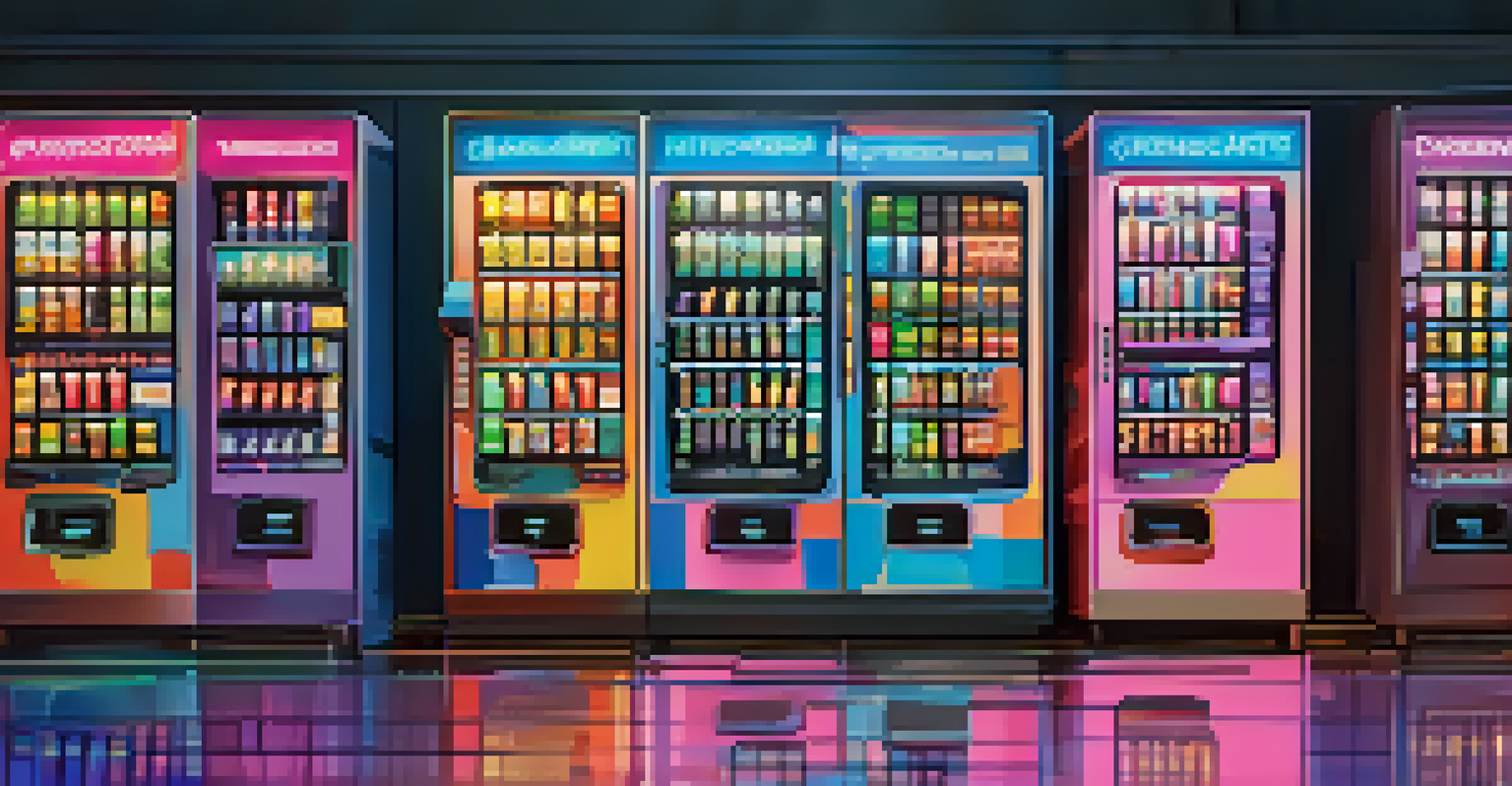 A colorful vending machine dispensing tokens, illustrating the concept of smart contracts with digital currency icons around it.