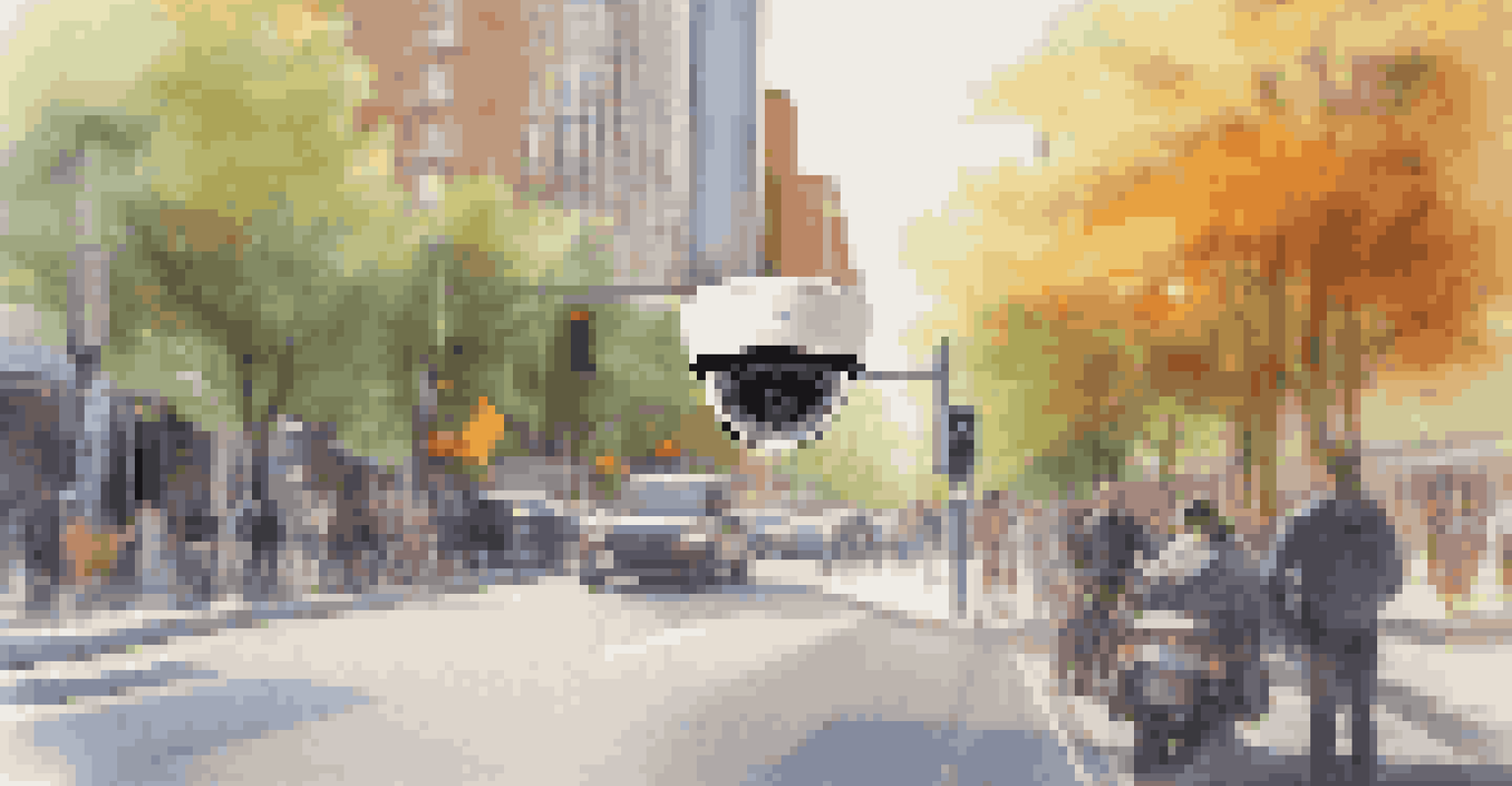 A close-up of an IoT-enabled surveillance camera in a city setting, reflecting the bustling environment around it.