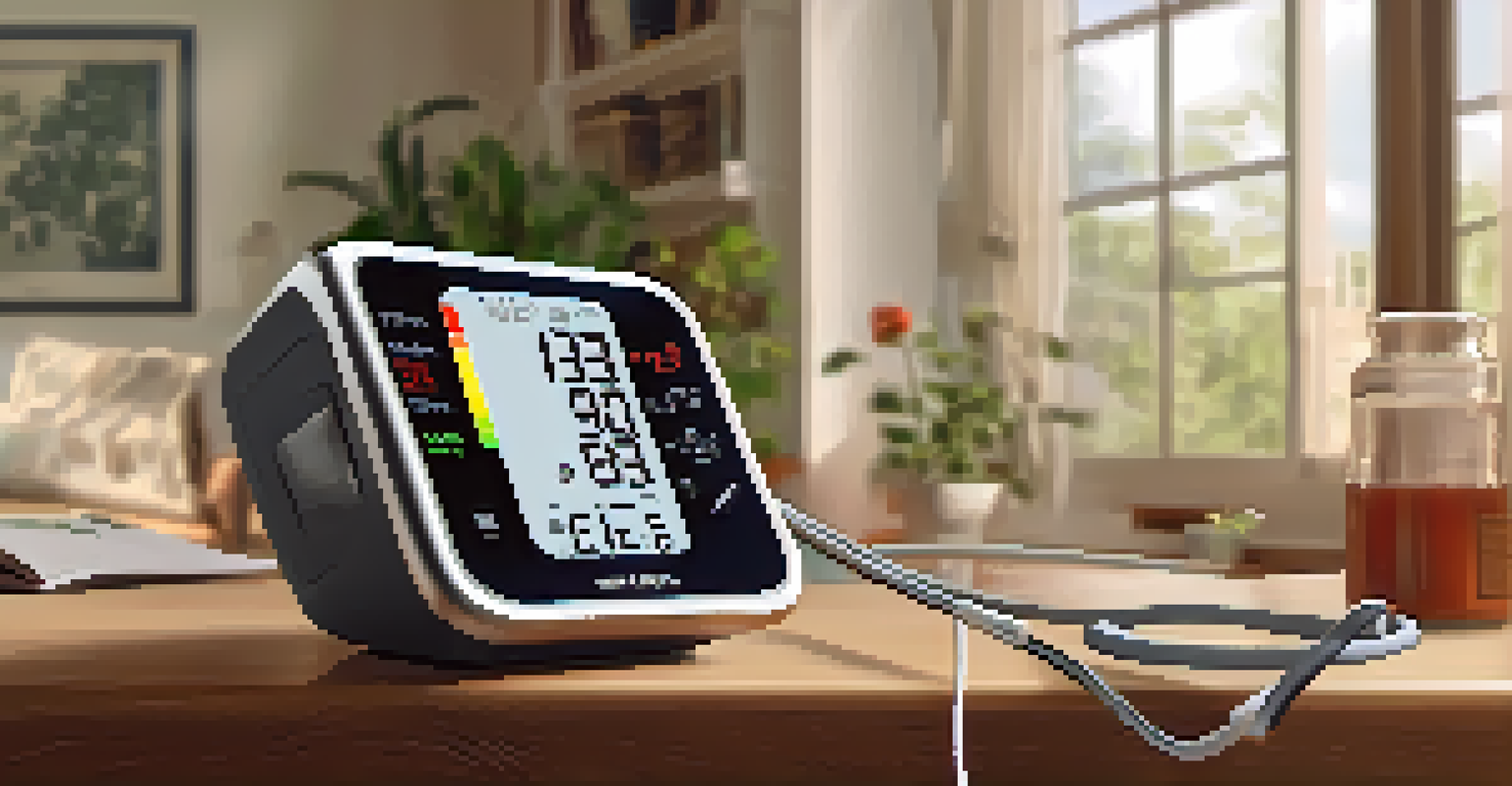An elderly person checking their blood pressure with a monitor at home, with a smartphone displaying readings.