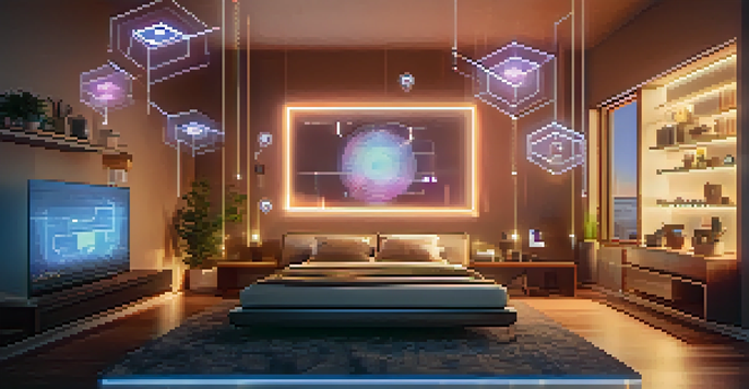 A smart home interior showcasing interconnected IoT devices with glowing quantum keys.