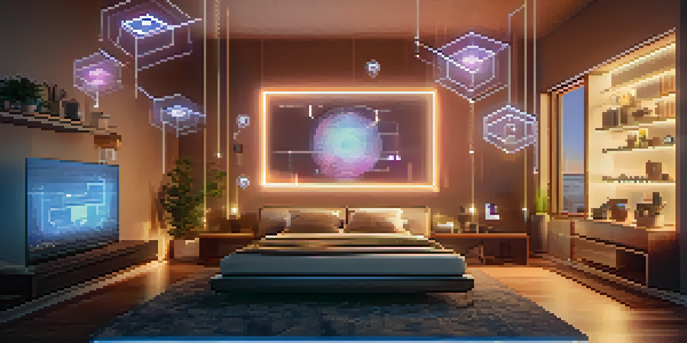 A smart home interior showcasing interconnected IoT devices with glowing quantum keys.