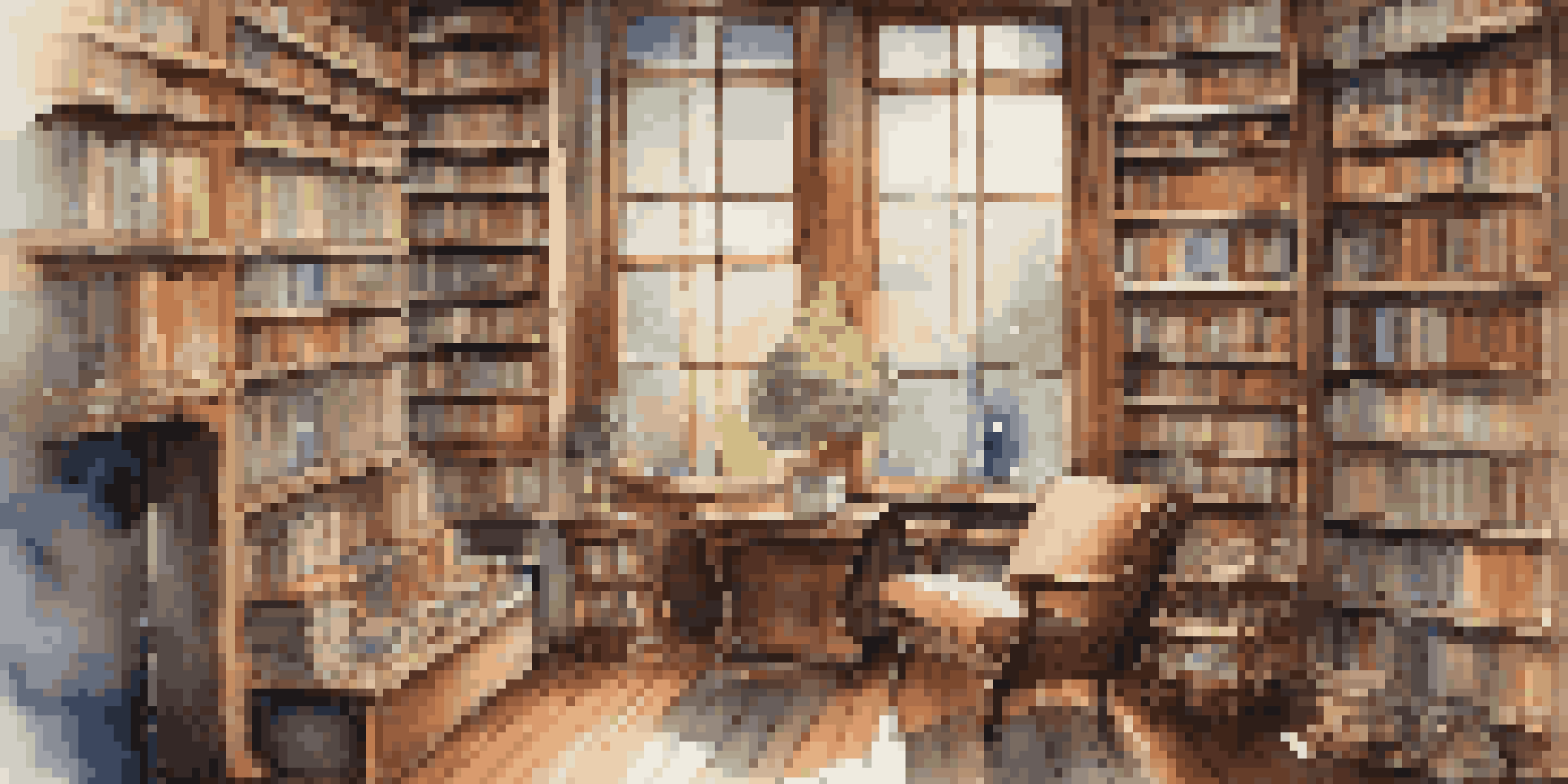 A warm and inviting bookstore with wooden shelves filled with books, cozy armchairs, and a window showing a rainy day outside.