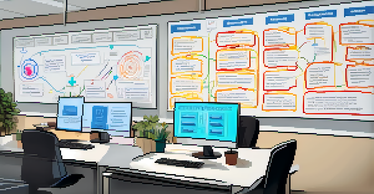 A whiteboard filled with diagrams and flowcharts representing a cybersecurity incident response plan in an office.