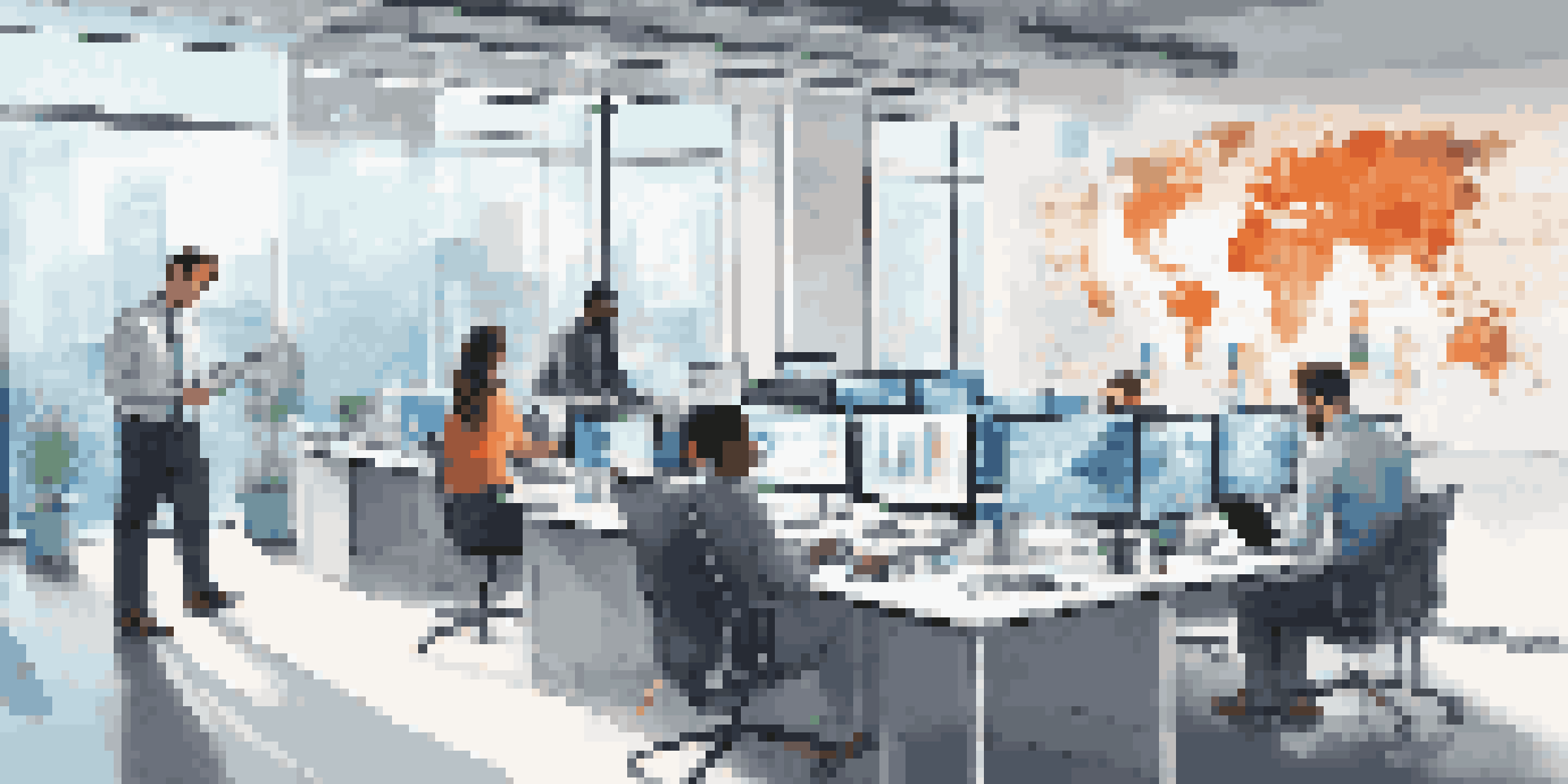 A modern office with a diverse team of professionals collaborating on cloud security data, surrounded by large windows and digital security charts.