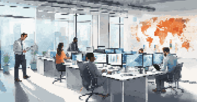 A modern office with a diverse team of professionals collaborating on cloud security data, surrounded by large windows and digital security charts.