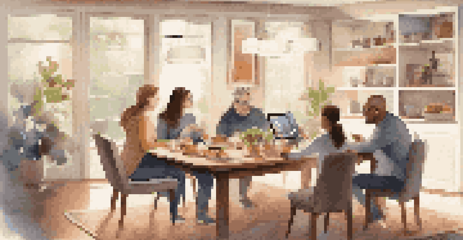 A family gathered around a dining table discussing their smart home preferences with devices and an app interface displayed.