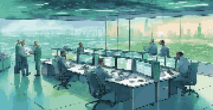 A control room with logistics managers working on real-time data, multiple screens, and a city view.