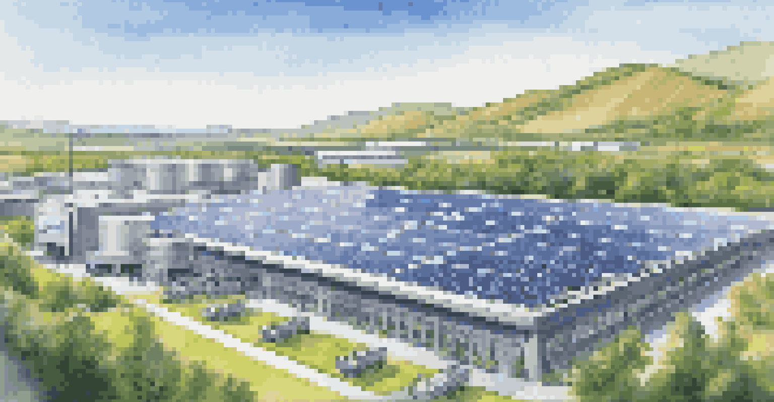 A solar-powered manufacturing facility in a scenic landscape with workers inspecting devices.