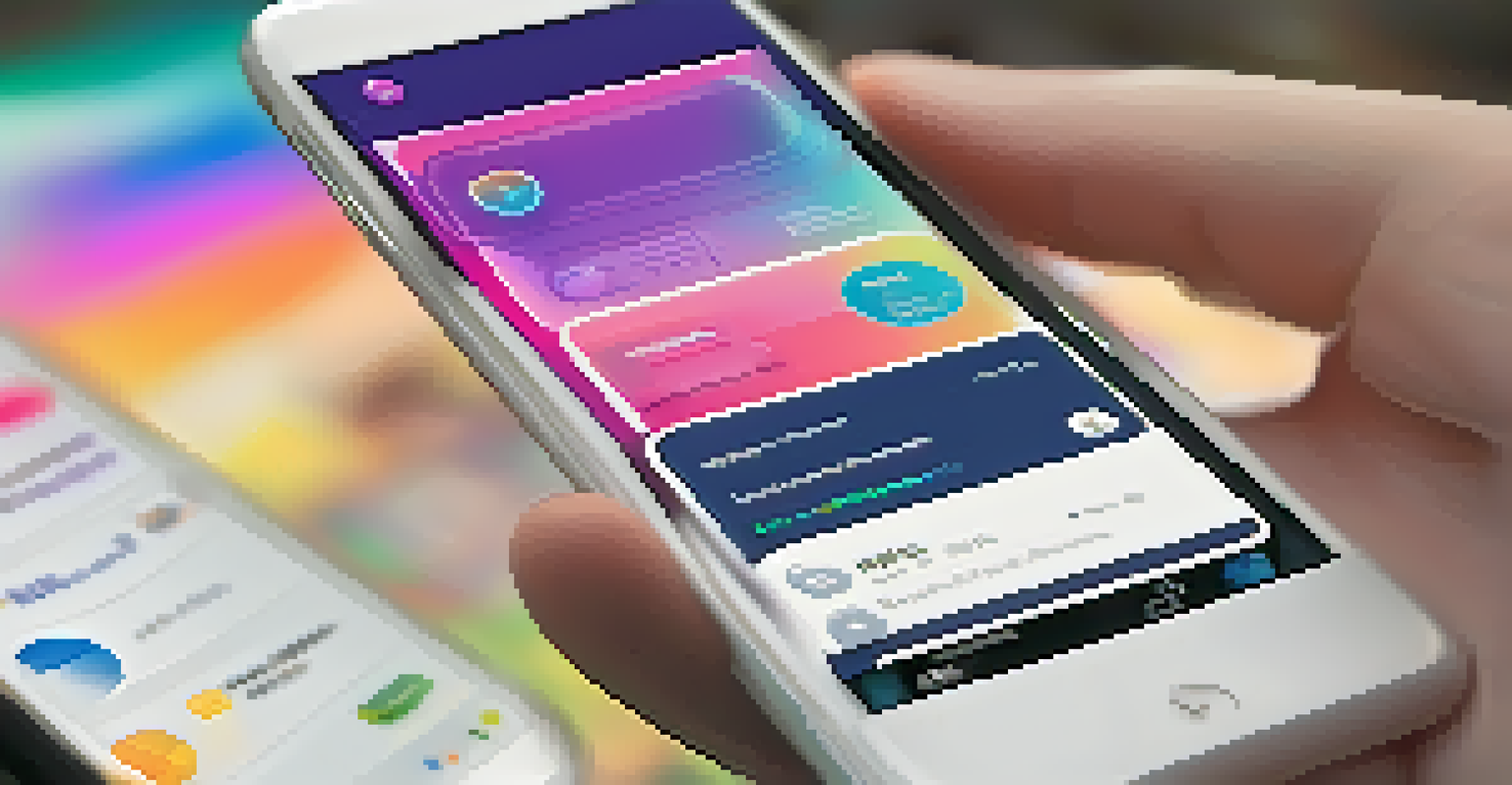 A close-up of a smartphone screen displaying a user-friendly mobile app interface with navigation buttons and vibrant colors, with a hand reaching towards it.