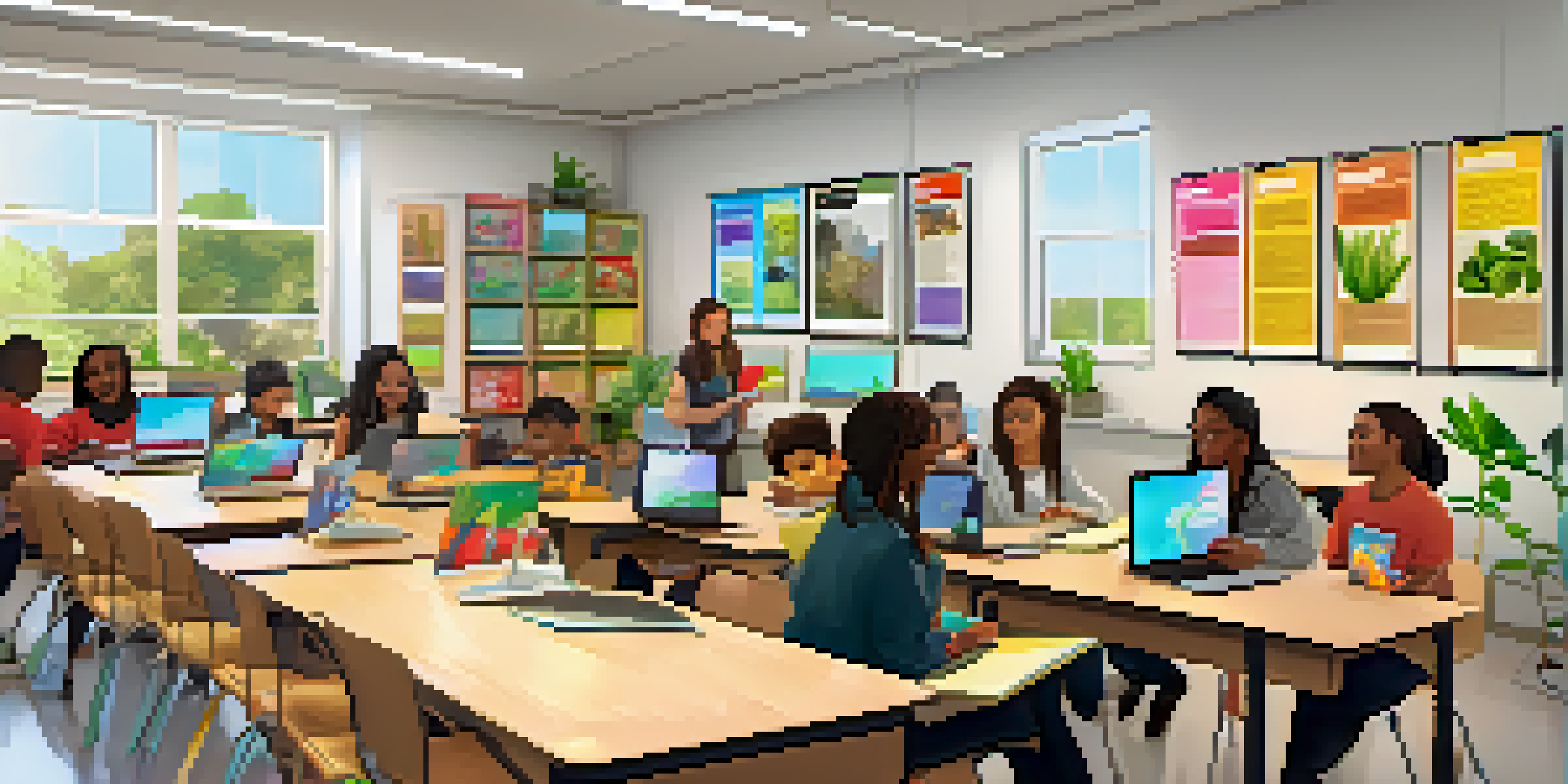 A diverse group of students working together in a bright classroom, using laptops and engaged in discussion.