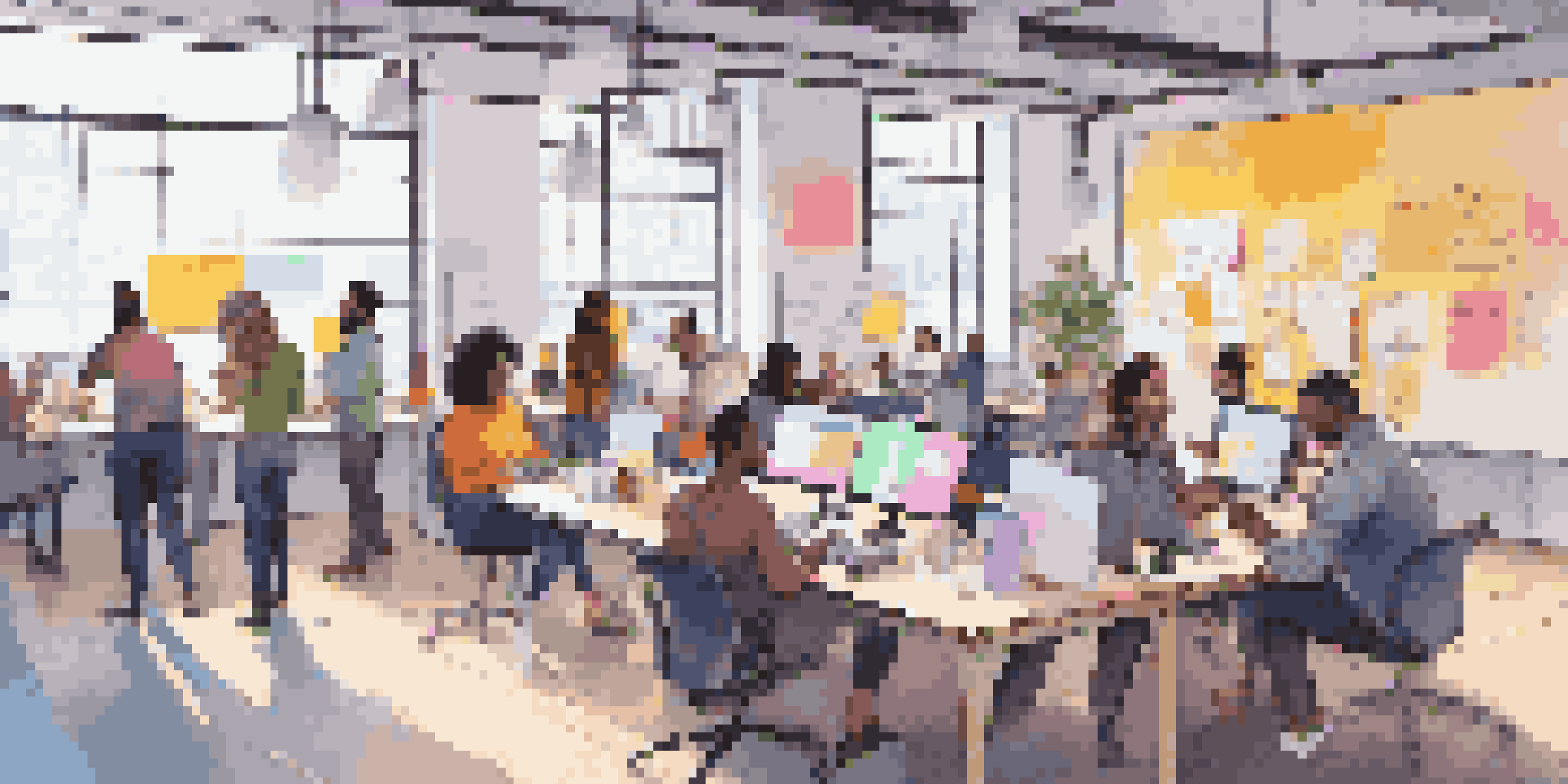 A diverse group of individuals working together in a bright co-working space, collaborating on open source projects with laptops and colorful sticky notes.