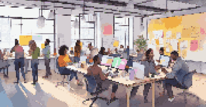 A diverse group of individuals working together in a bright co-working space, collaborating on open source projects with laptops and colorful sticky notes.