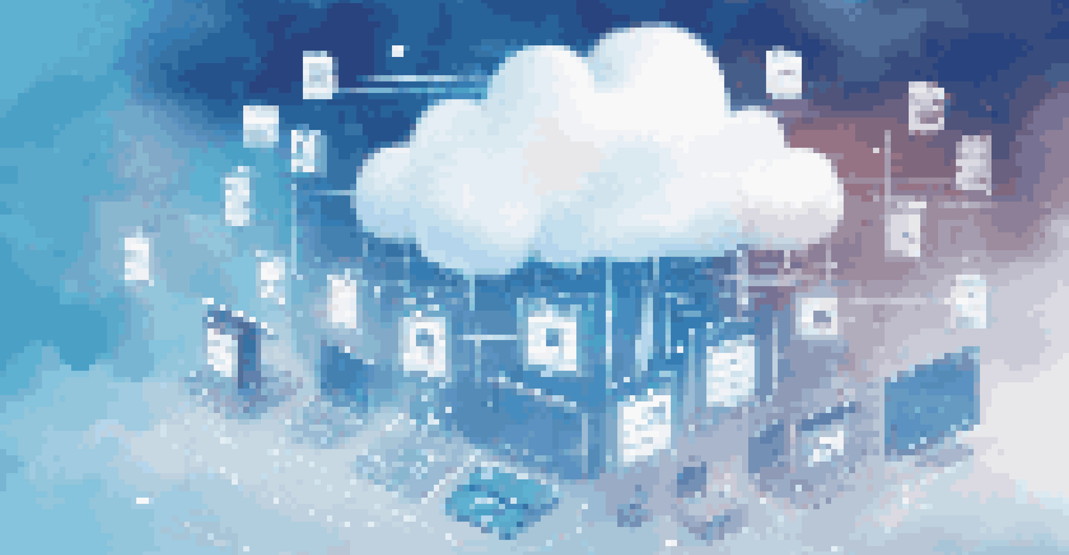 An artistic representation of cloud data storage with digital icons and binary code against a cloud background.