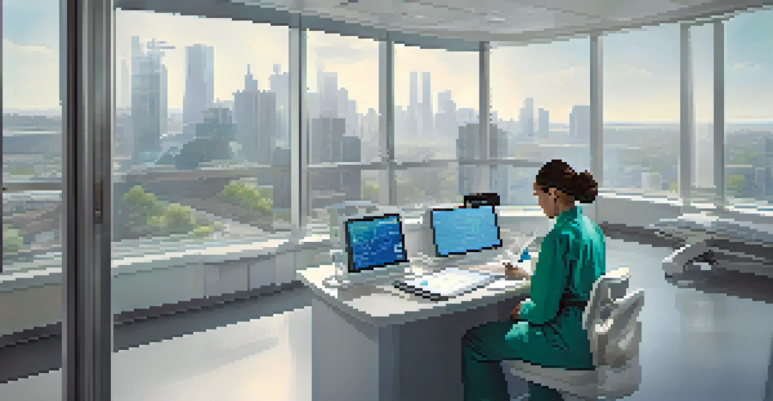 A healthcare professional reviewing patient data on a tablet in a modern hospital with medical equipment around.