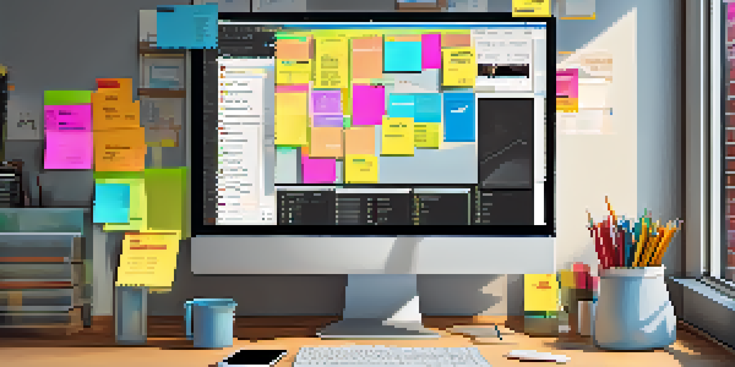 A modern workspace with a computer screen showing social media analytics, colorful sticky notes, and a coffee cup in natural light.