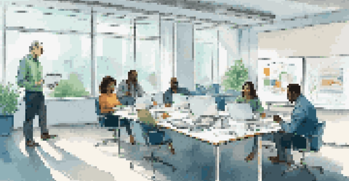 A diverse group of professionals in a modern office discussing around a table with laptops and digital devices, bright room with natural light and a whiteboard in the background.