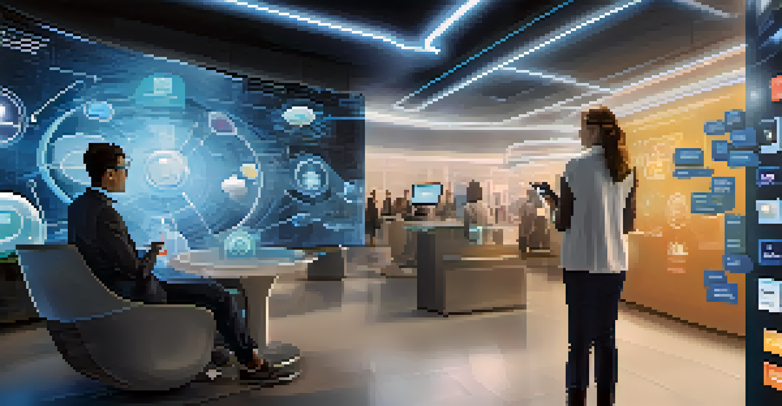 A futuristic AI assistant interacting with a customer, featuring augmented reality elements and personalized suggestions.