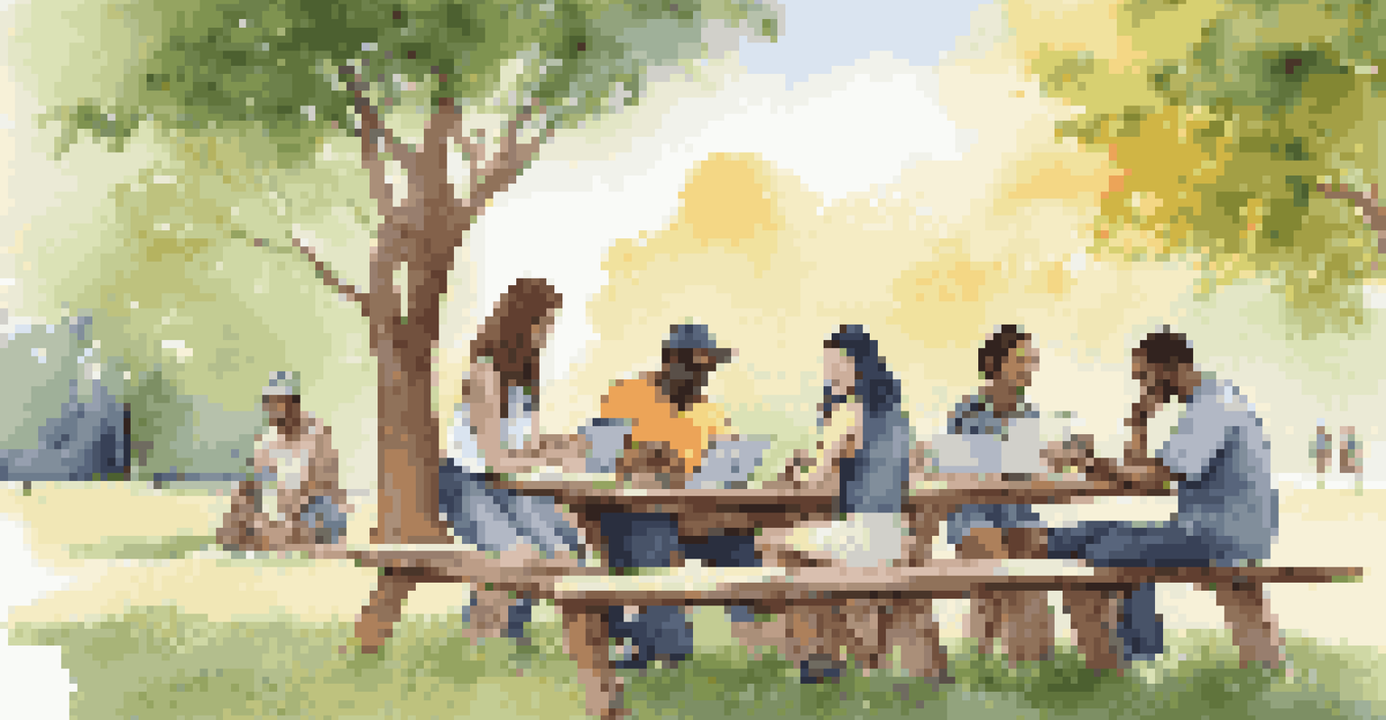 A diverse group of people outdoors using laptops and smartphones for blockchain crowdfunding at a picnic table.