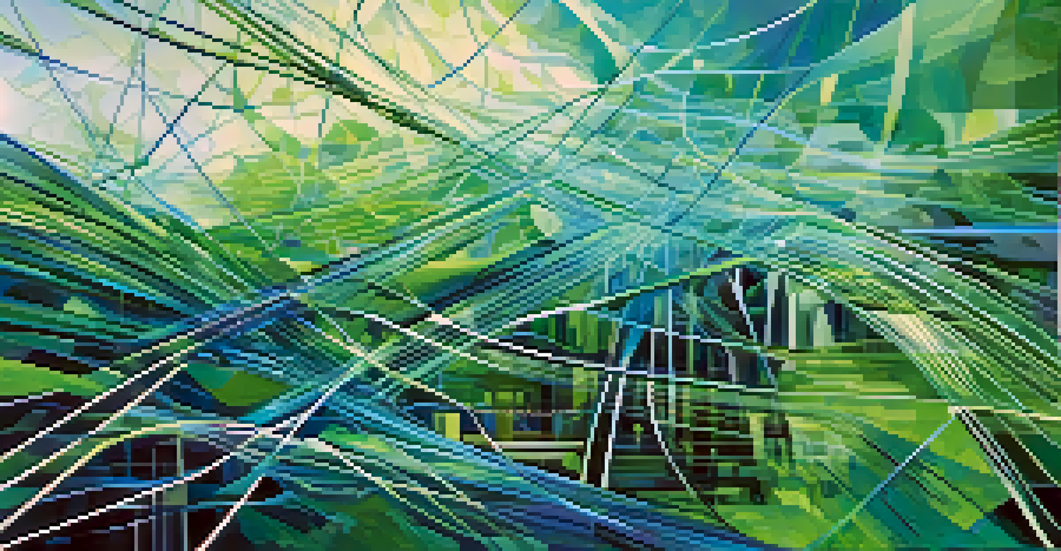 An abstract digital landscape illustrating data quality with interconnected nodes and flowing lines in blue and green colors.