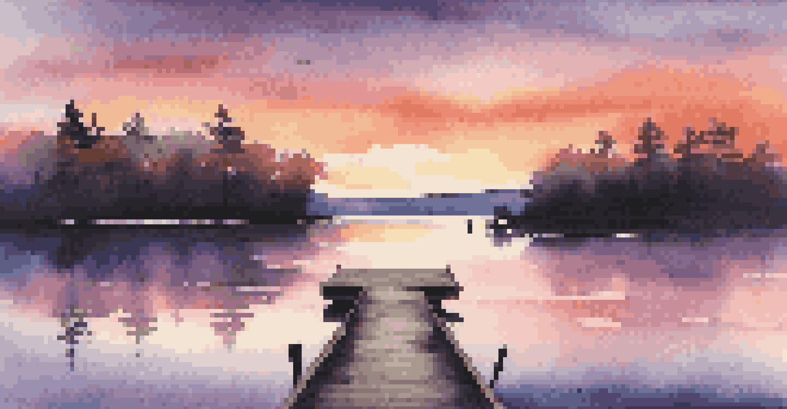 A peaceful landscape with rolling hills and a tranquil lake at sunset, featuring a colorful sky and a silhouetted wooden dock.