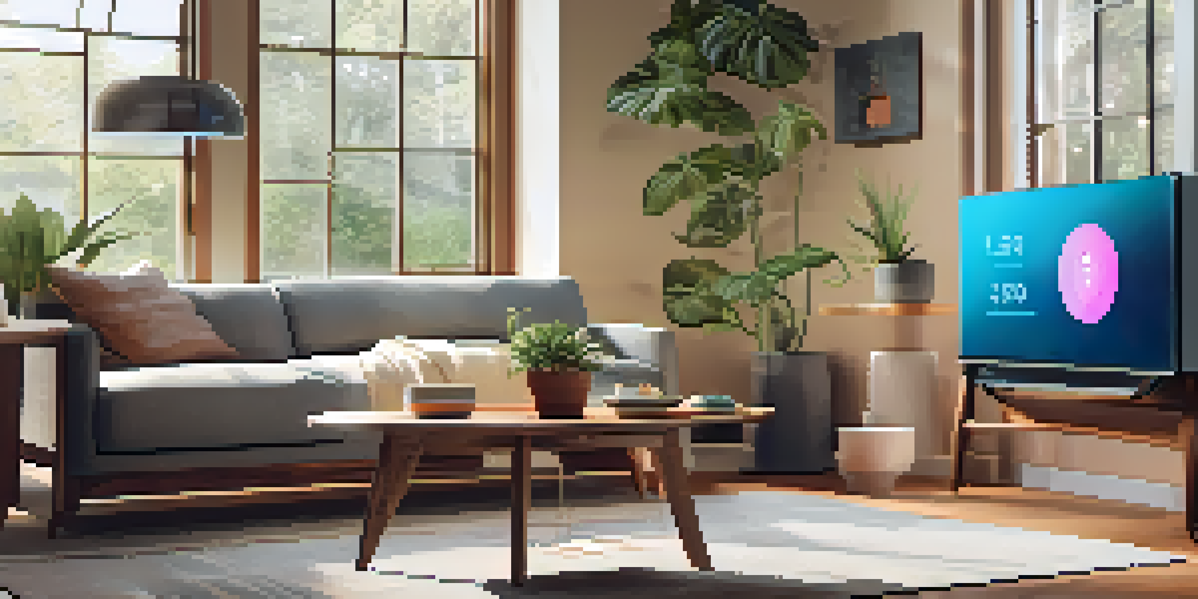 A cozy living room with a coffee table featuring a smartwatch, smart scale, and tablet displaying health metrics, illuminated by soft natural light.