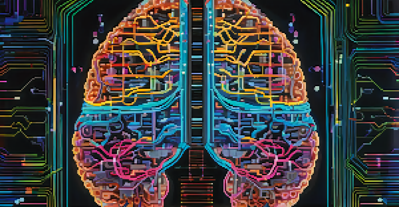 A brain made of interconnected circuits and genetic patterns, illuminated with neon colors against a dark background, representing the fusion of AI and genomics.