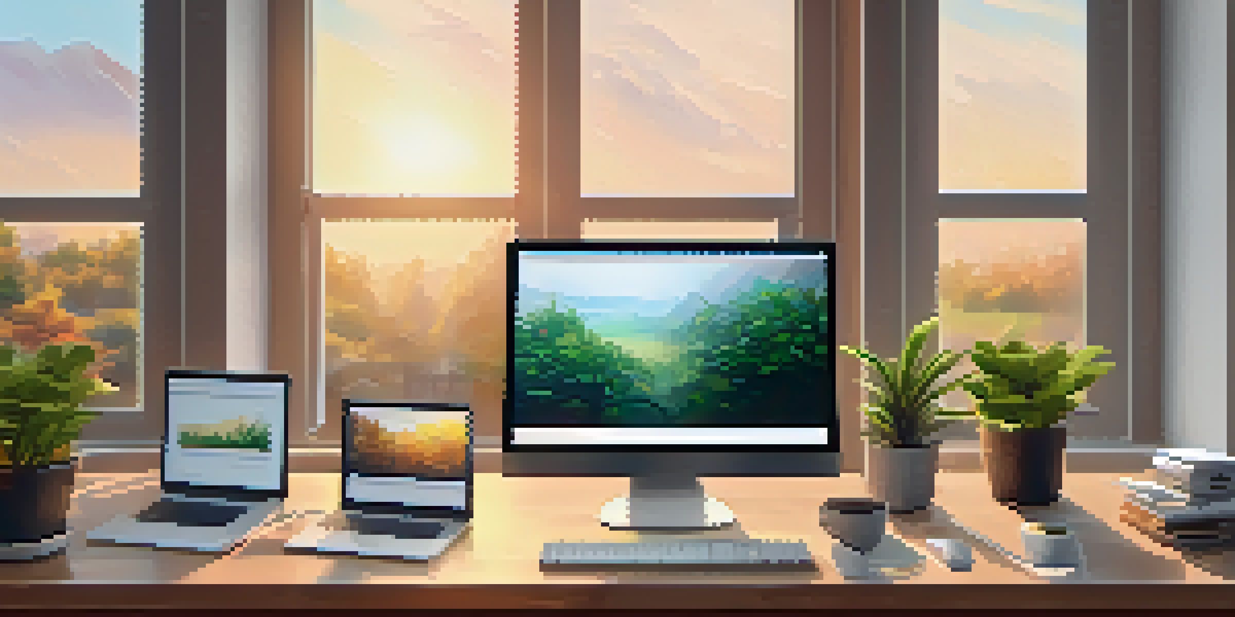 A modern office workspace with dual computer monitors showing testing software, a coffee cup, and plants in a well-lit environment.
