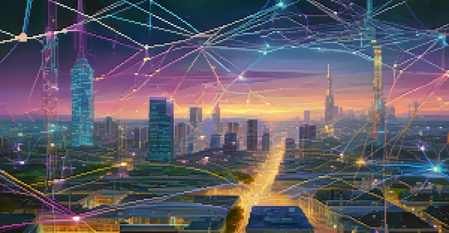 A futuristic cityscape with bright lines and nodes representing a secure quantum communication network at dusk.