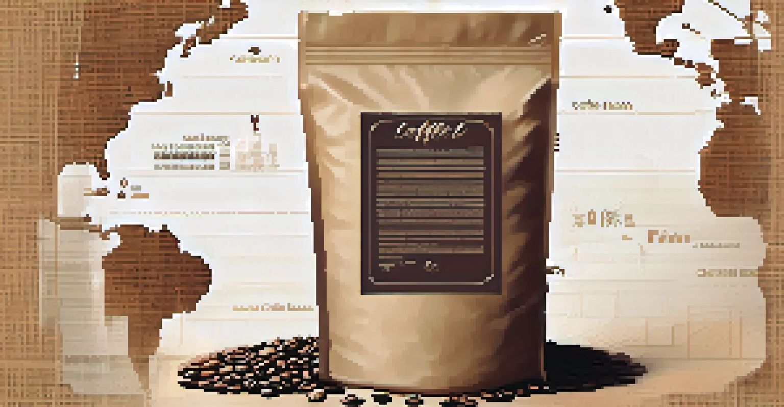 A close-up of coffee beans in a burlap sack labeled 'Traceable Origin', with a digital map in the background showing the supply chain journey.